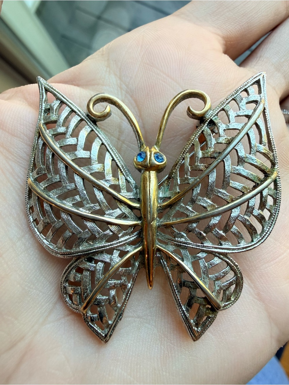 Vintage AVON Gold and Silver Tone Butterfly Brooch with Blue Stone Accents